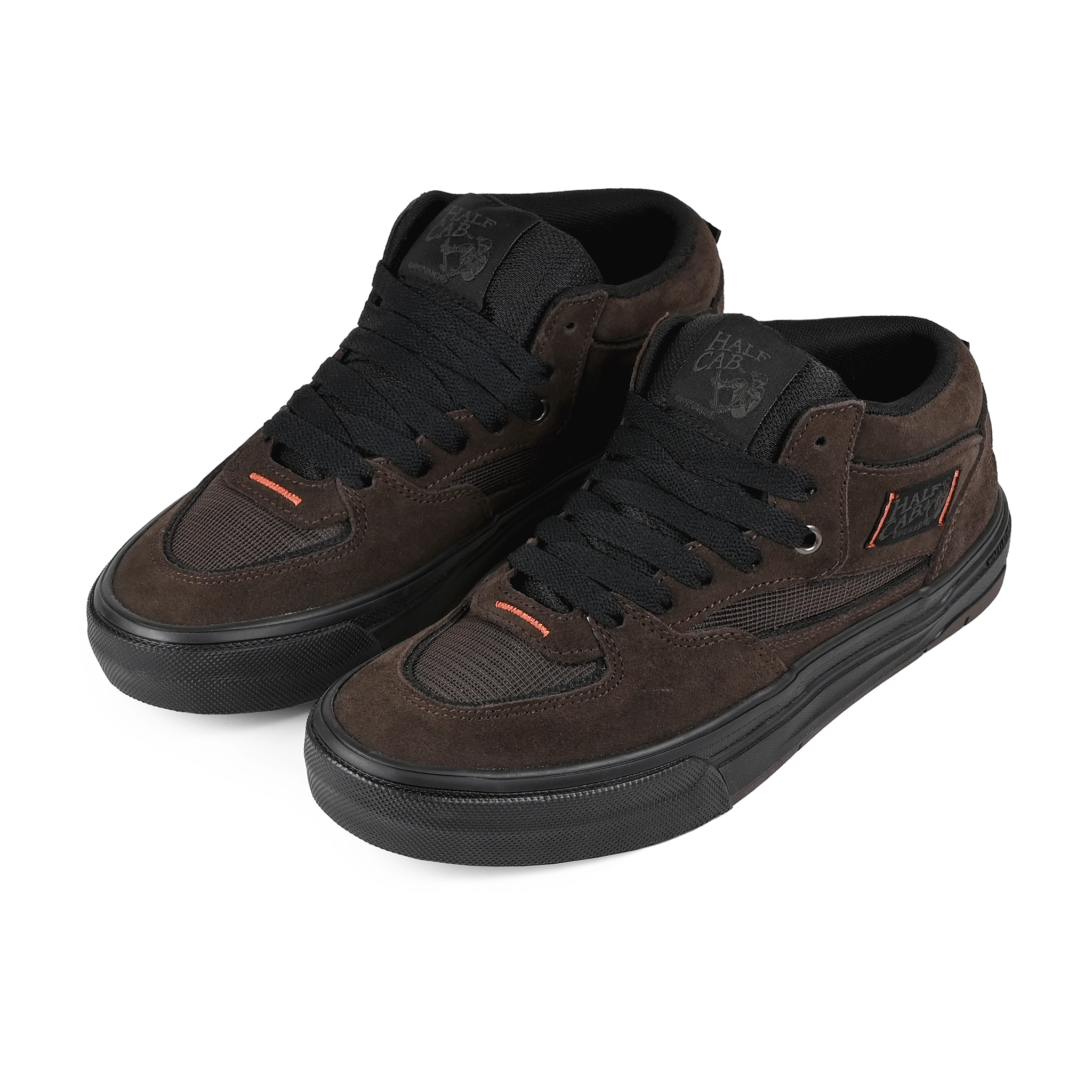 A pair of Brown and black Vans Skateboarding Half Cab Wafflecup skateboard sneakers by Dick Rizzo on a white background