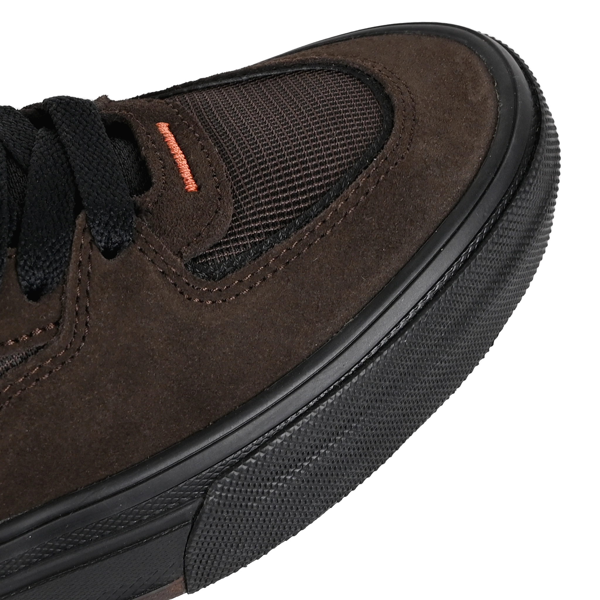 Toe box of Brown and black Vans Skateboarding Half Cab Wafflecup skateboard sneaker by Dick Rizzo on a white background