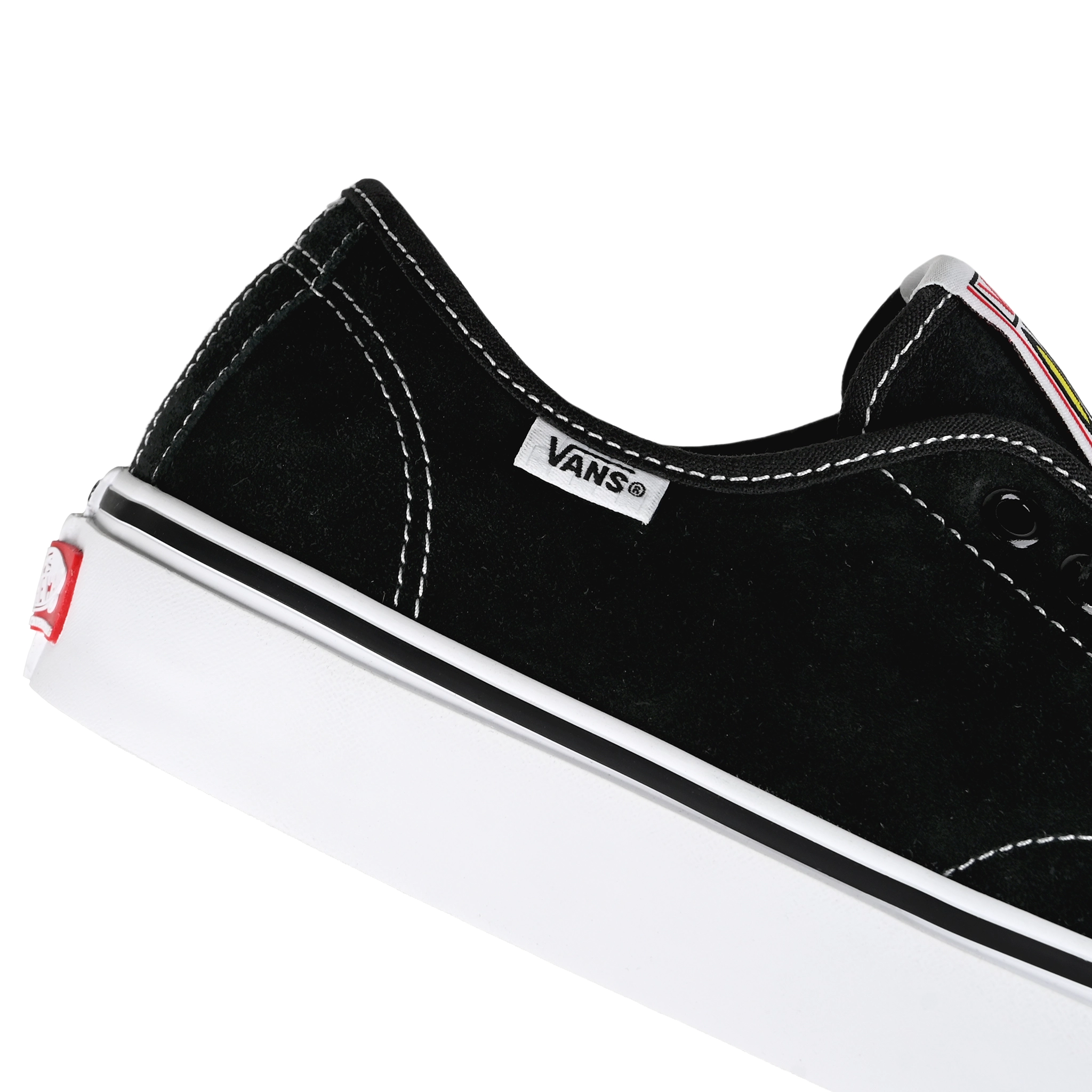 Detail of Black suede Vans Skateboarding Skate AVE Classic Anthony Van Engelen pro model skateboard sneaker on a white background