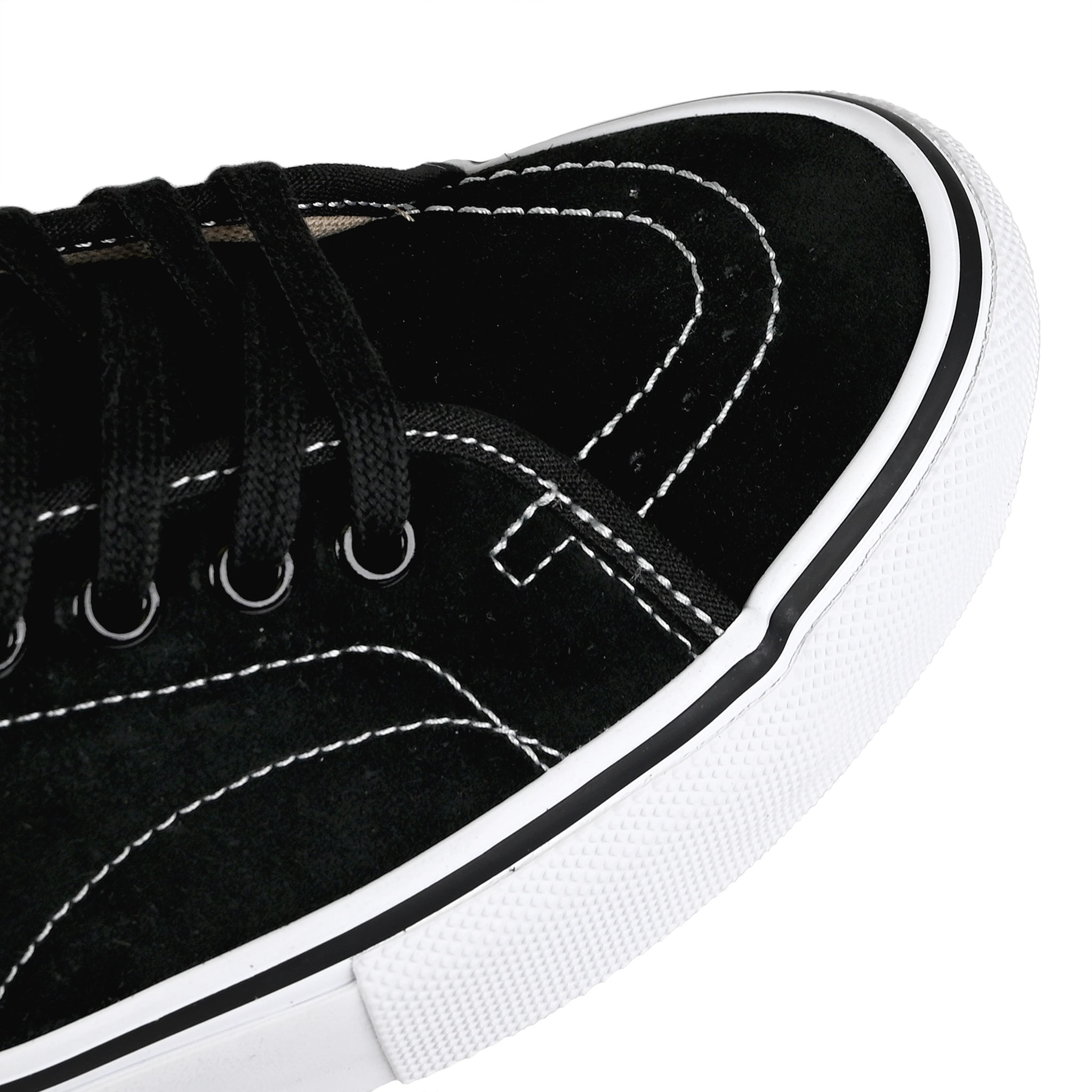 Toe box of Black suede Vans Skateboarding Skate AVE Classic Anthony Van Engelen pro model skateboard sneaker on a white background