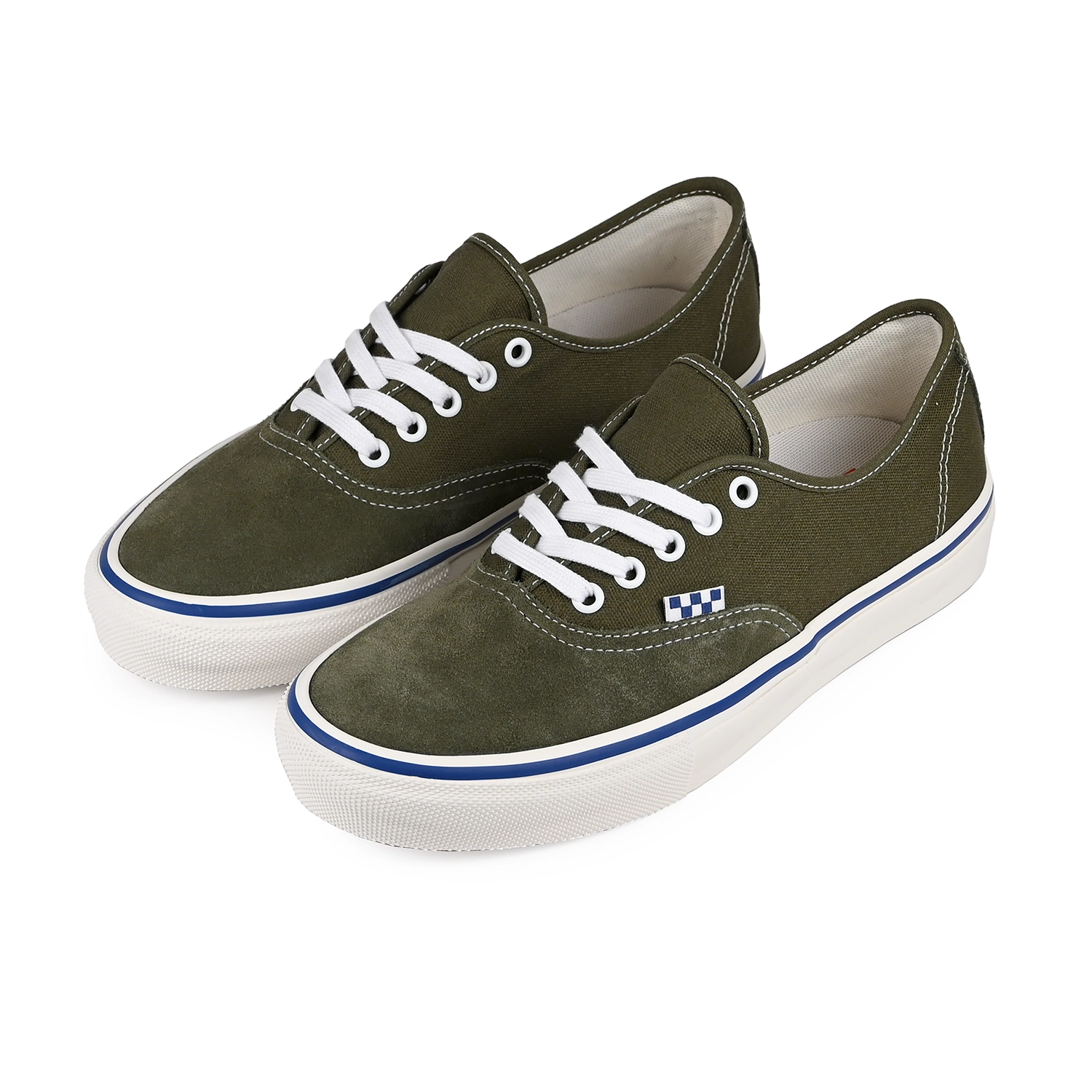 A pair of Vans Skate Authentic sneakers in Green with white laces and blue accent on white sole on a white background