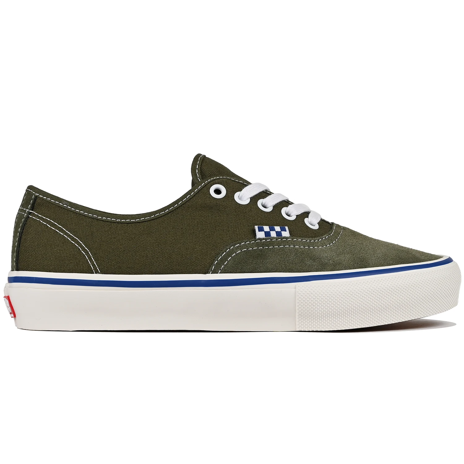 Vans Skate Authentic sneaker in Green with white laces and blue accent on white sole on a white background