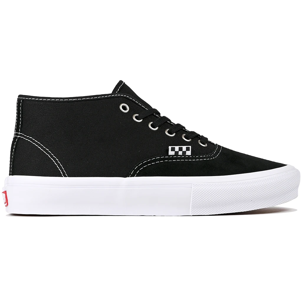 Black Vans Skateboarding high-top Authentic sneaker with white sole on a white background