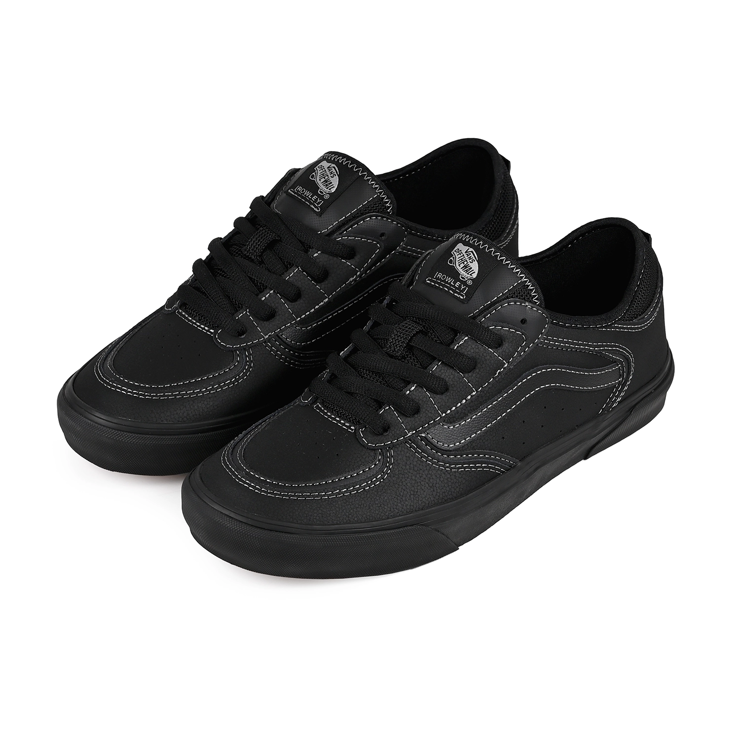 A pair of Vans Rowley sneakers in black with contrast stitch on a white background