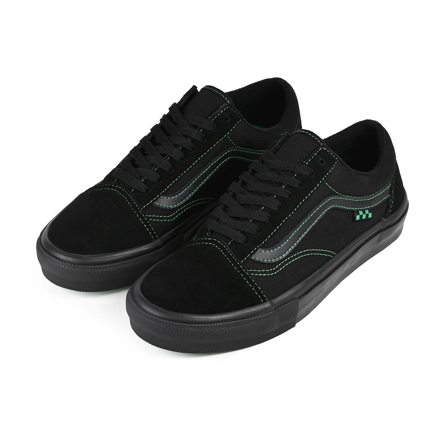 A pair of Black Vans Skateboarding Skate Old Skool men's skateboard sneaker on white background