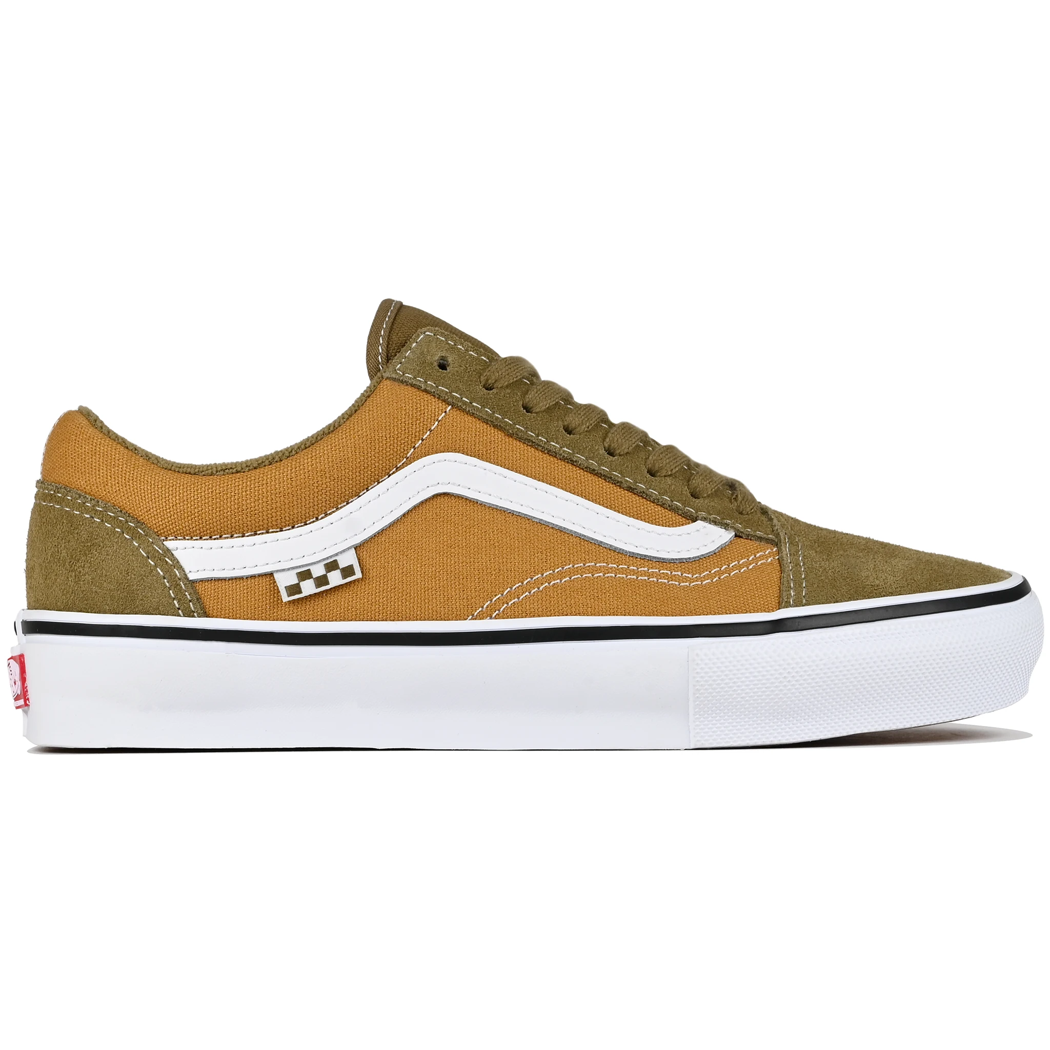 Light khaki and olive Vans Skateboarding Skate Old Skool skateboard sneaker on a white background