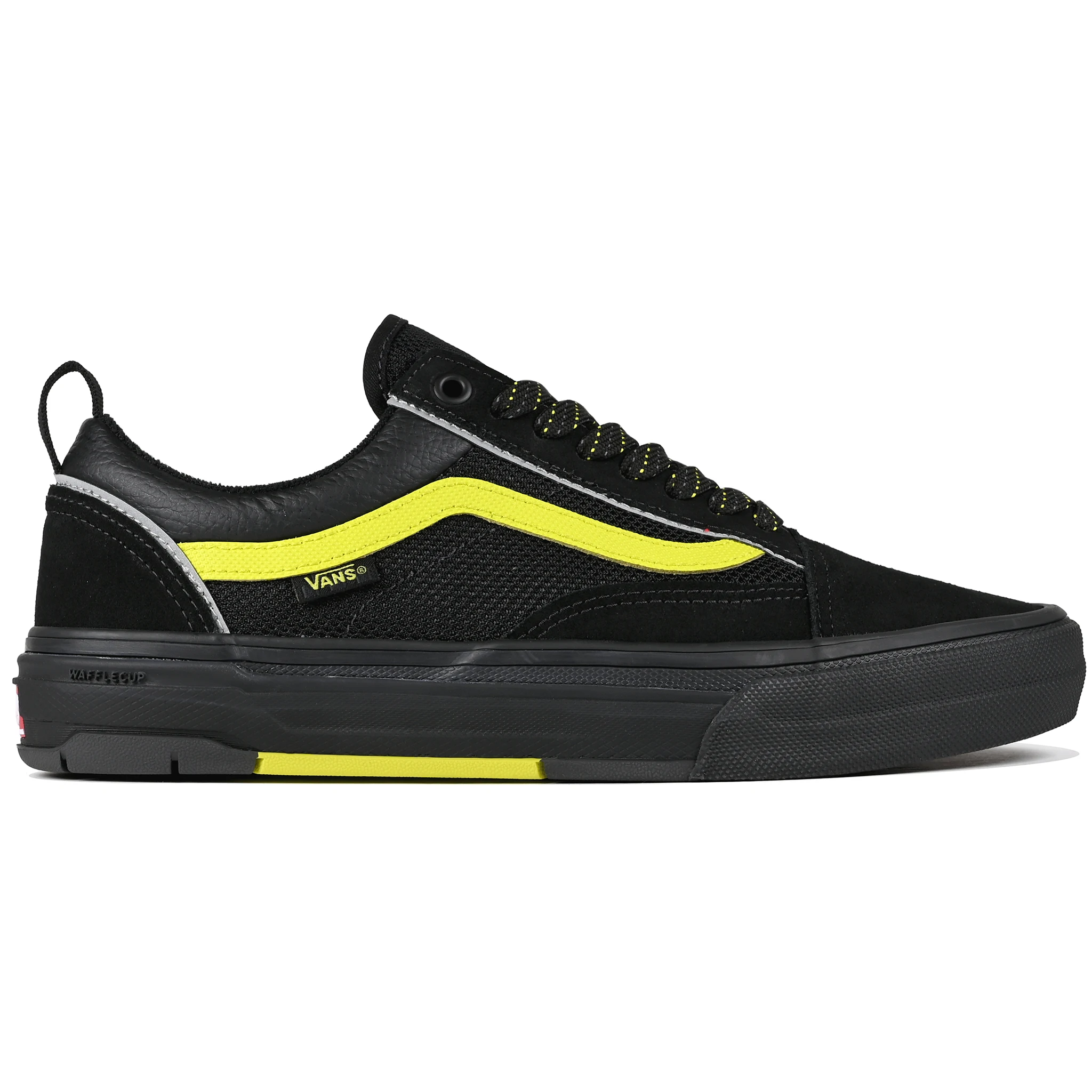 Black reflective Vans Skateboarding Skate Old Skool Wafflecup skateboard sneaker with Lime Jazz stripe on a white background.
