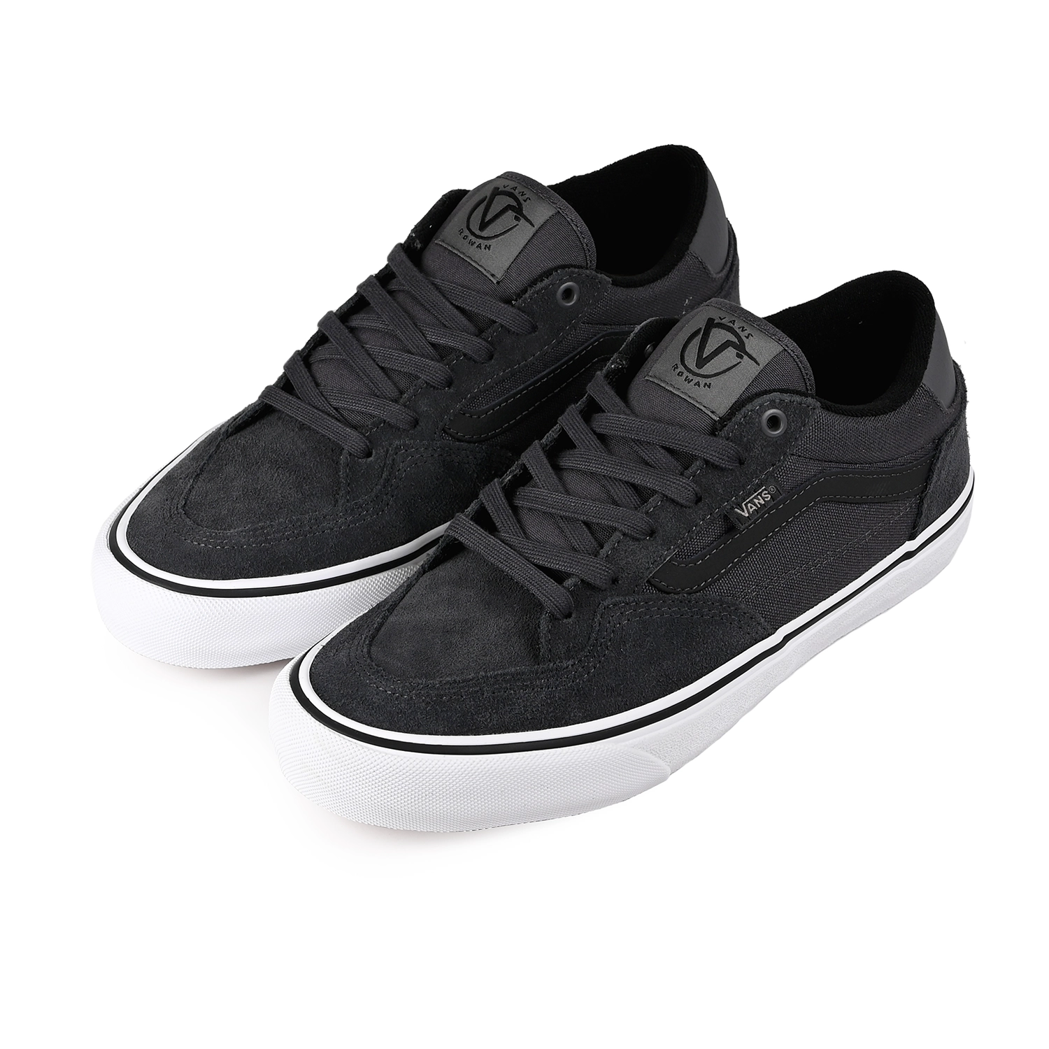 A pair of asphalt and white Vans Skateboarding Rowan Zorilla pro model men's skateboard sneakers on a white background