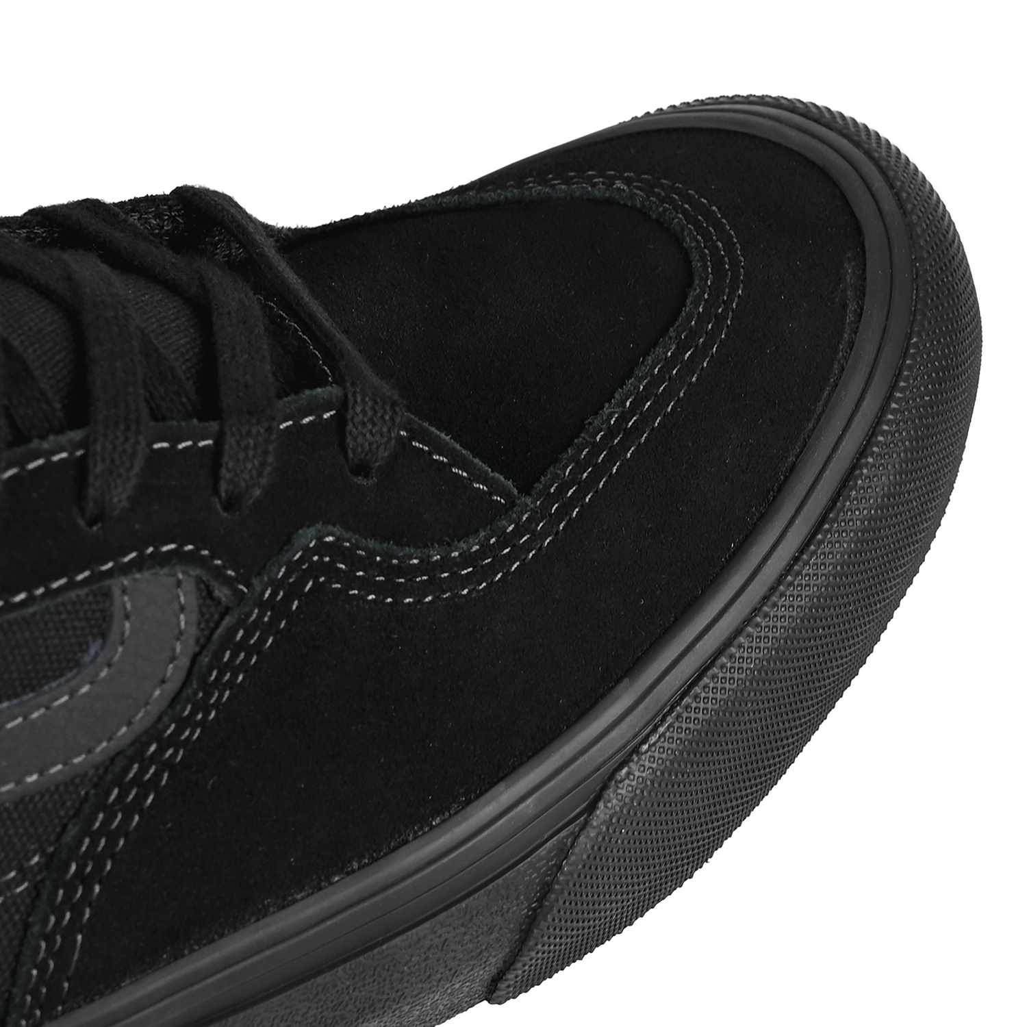 Close up of Vans Rowan sneaker in black with black sole on a white background