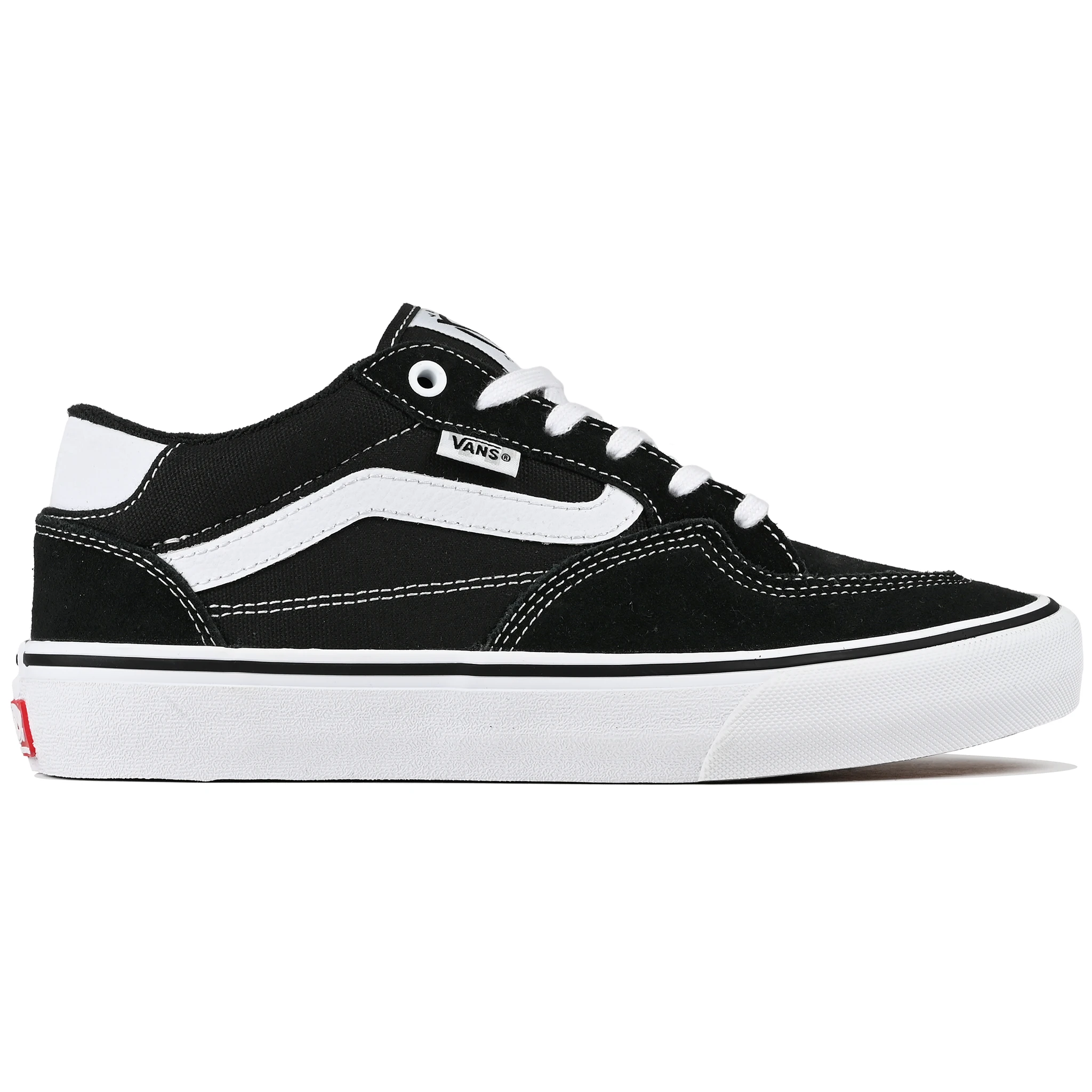 Black and true white Vans Skateboarding Skate Rowan Zorilla pro model skateboard sneaker on a white background