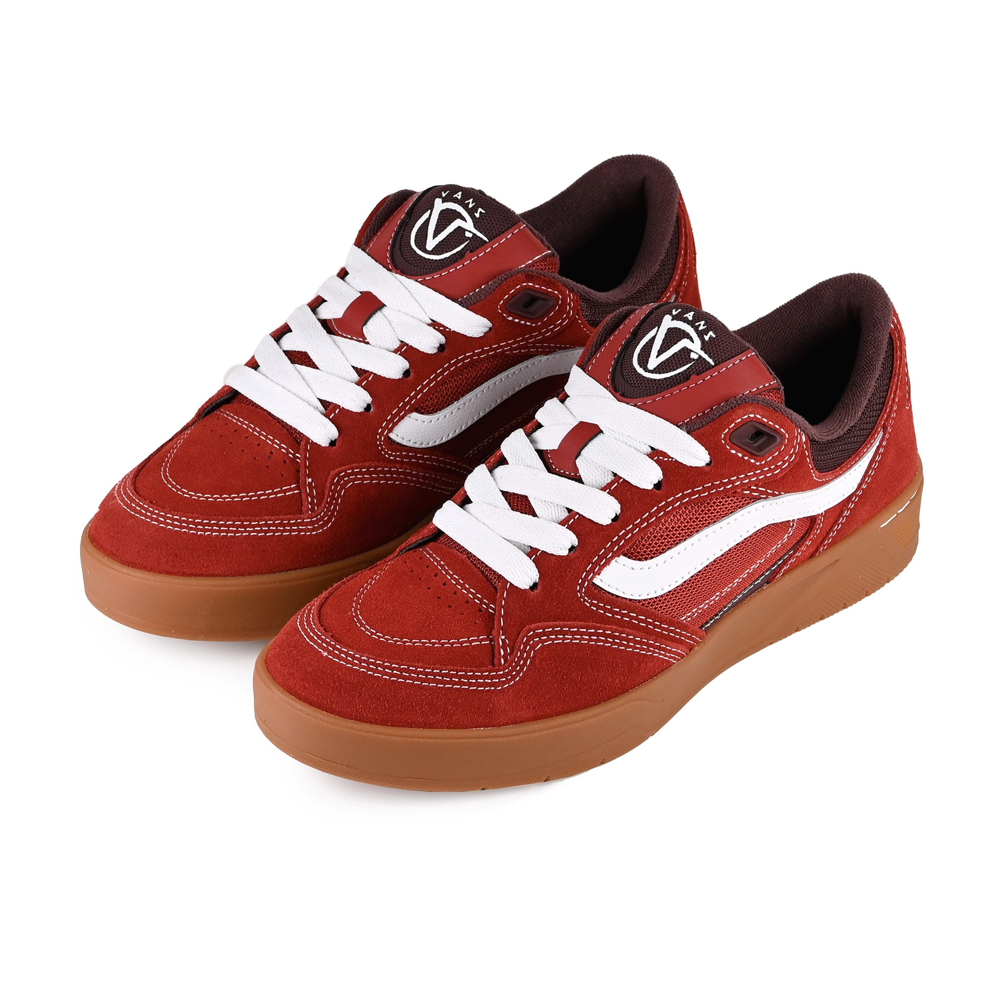 A pair of Bordeaux and gum Vans Skateboarding Skate Rowan Z3 Rowan Zorilla pro model skateboard sneakers on a white background
