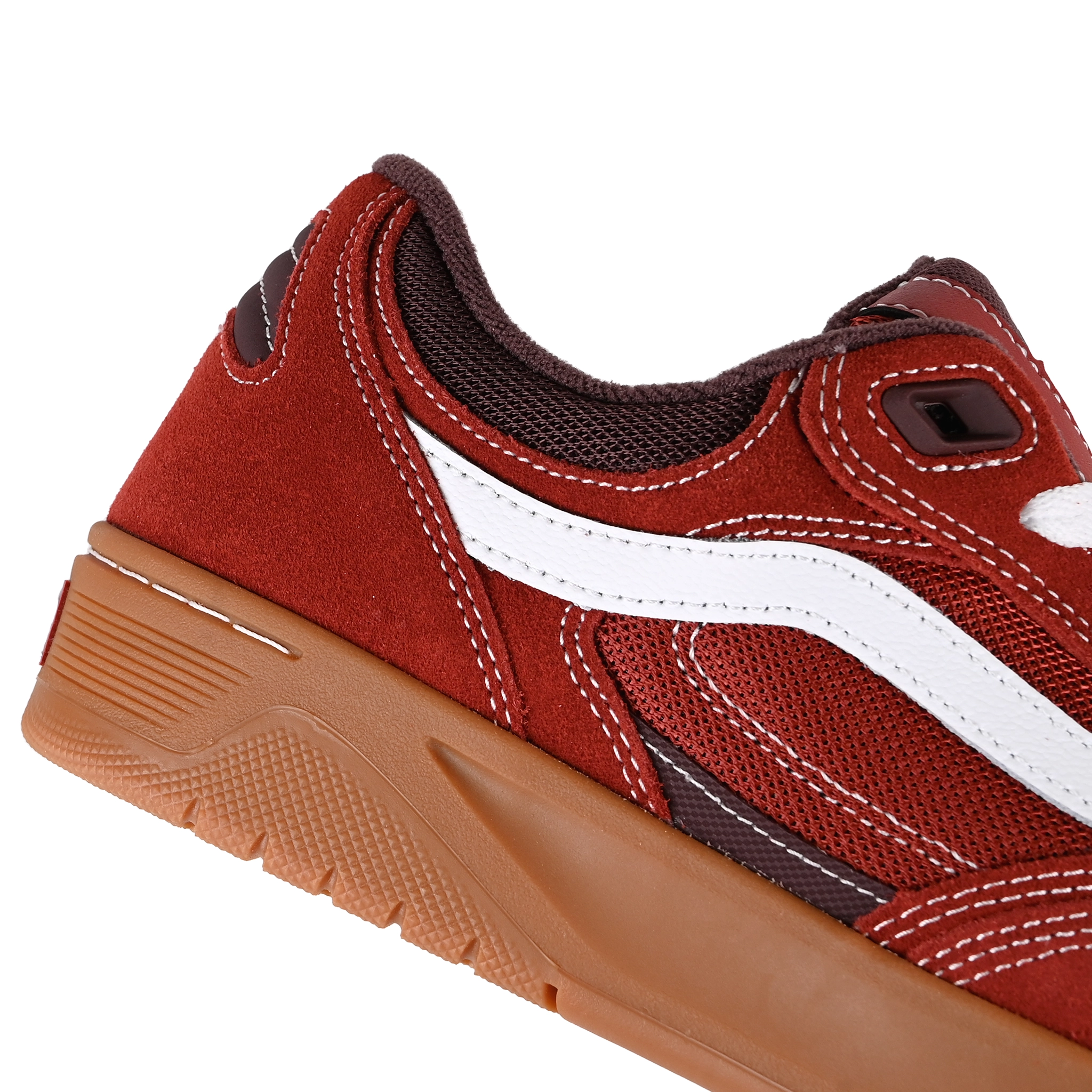 Detail of Bordeaux and gum Vans Skateboarding Skate Rowan Z3 Rowan Zorilla pro model skateboard sneaker on a white background