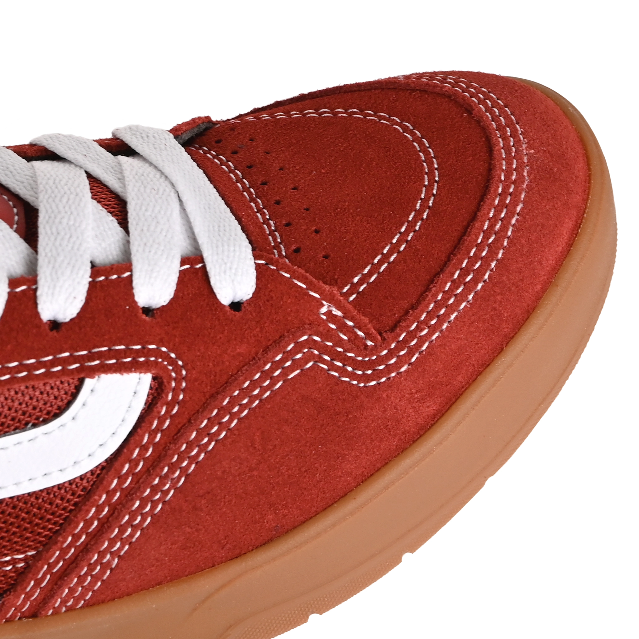 Toe box of Bordeaux and gum Vans Skateboarding Skate Rowan Z3 Rowan Zorilla pro model skateboard sneaker on a white background