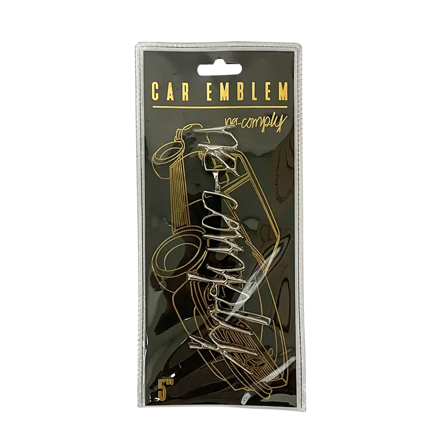 Silver No-Comply Script font logo car emblem in custom packaging, available exclusively at No-Comply Skate Shop in Austin, TX