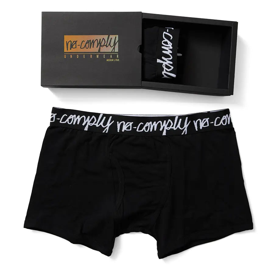 Men's black 2-pack boxer briefs with white No-Comply Script font logo on waistband, comes in special packaging