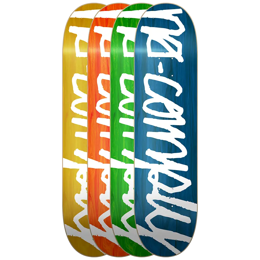 White No-Comply Script font on random veneer color skateboard deck, available exclusively at No-Comply Skate Shop in Austin, TX