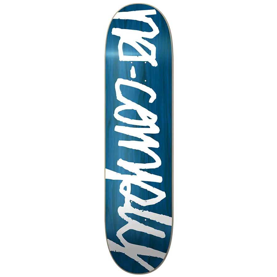 White No-Comply Script font on blue veneer color skateboard deck, available exclusively at No-Comply Skate Shop in Austin, TX