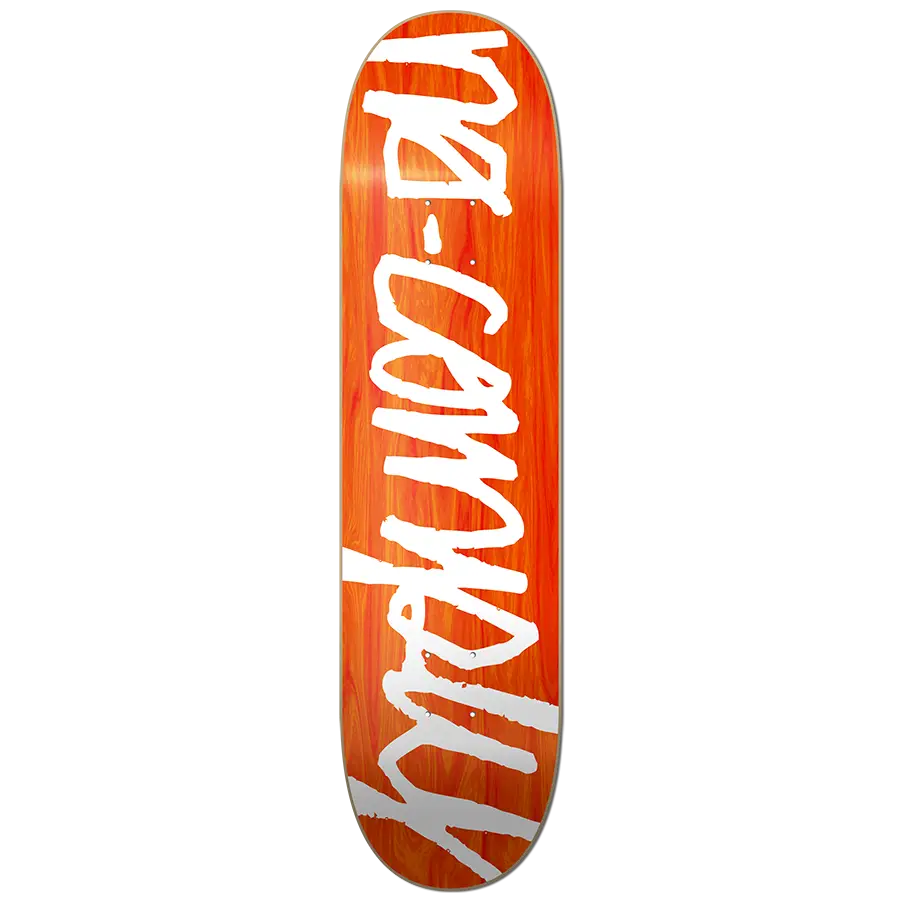 White No-Comply Script font on red veneer color skateboard deck, available exclusively at No-Comply Skate Shop in Austin, TX