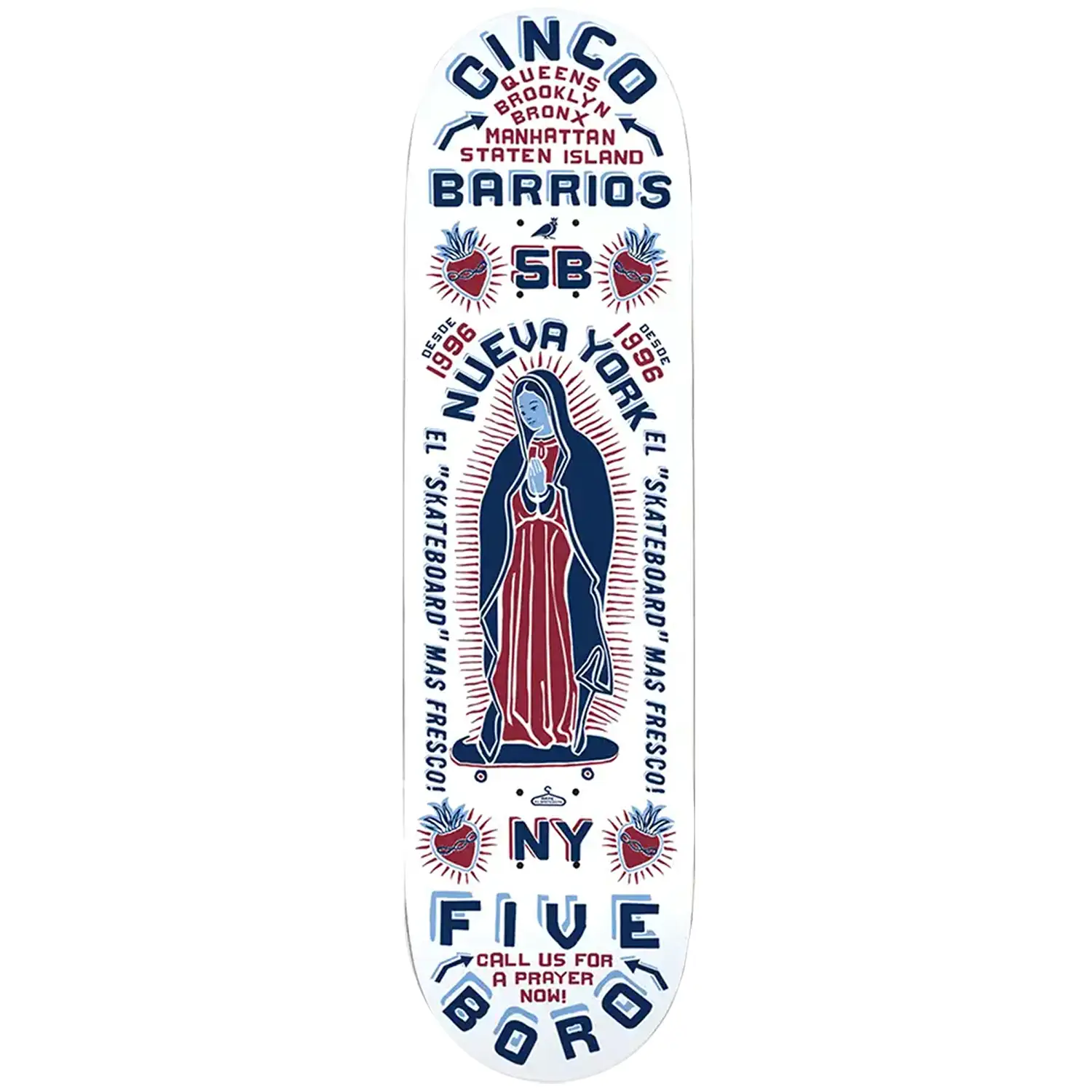 5Boro skateboards Cinco Barrios white skateboard deck on a white background