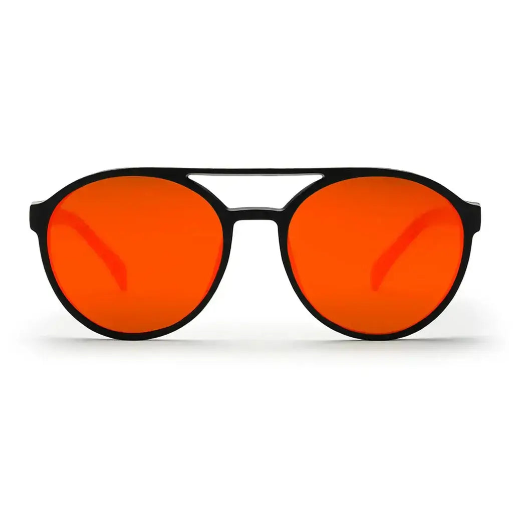 CHPO Brand Rickard Sunglasses in matte black with bright orange polarized lenses, ideal for outdoor protection.