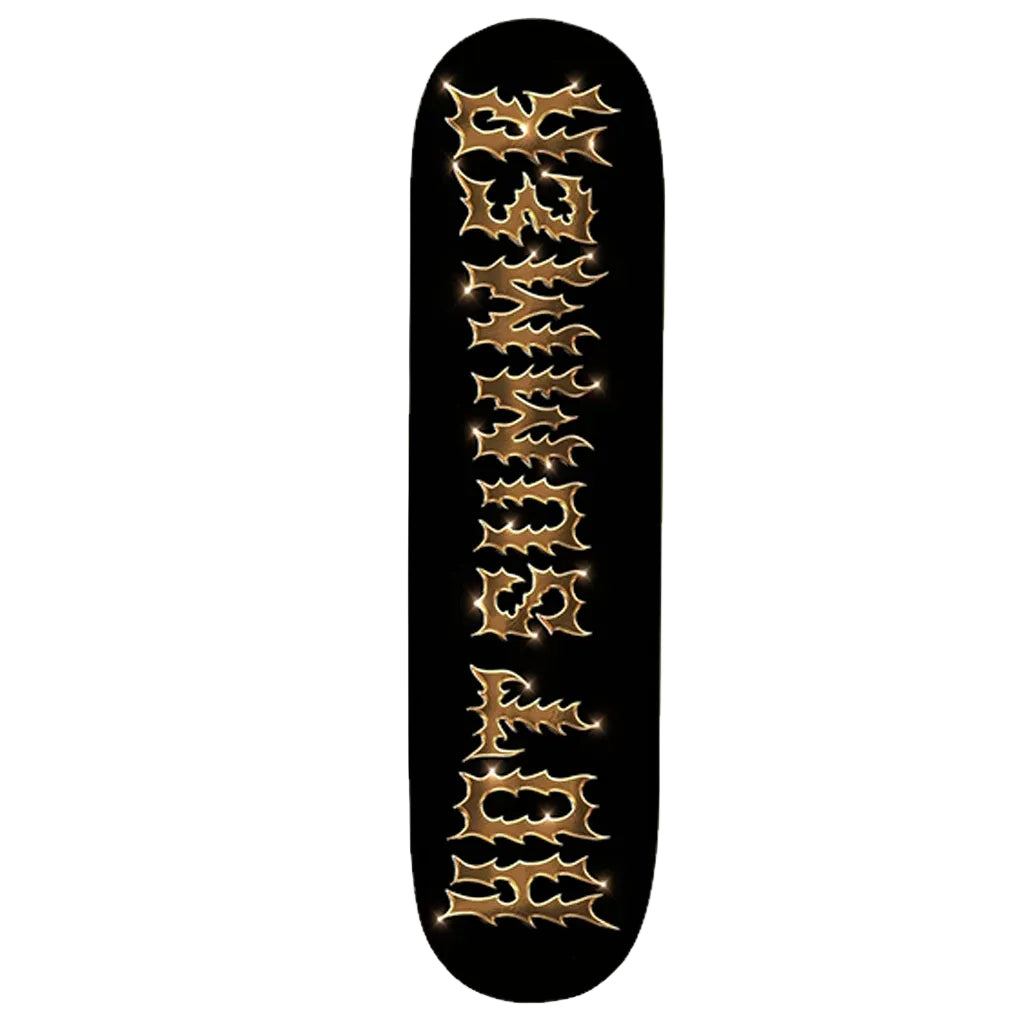 Black skateboard deck with gold Hot Summer logo on a white background