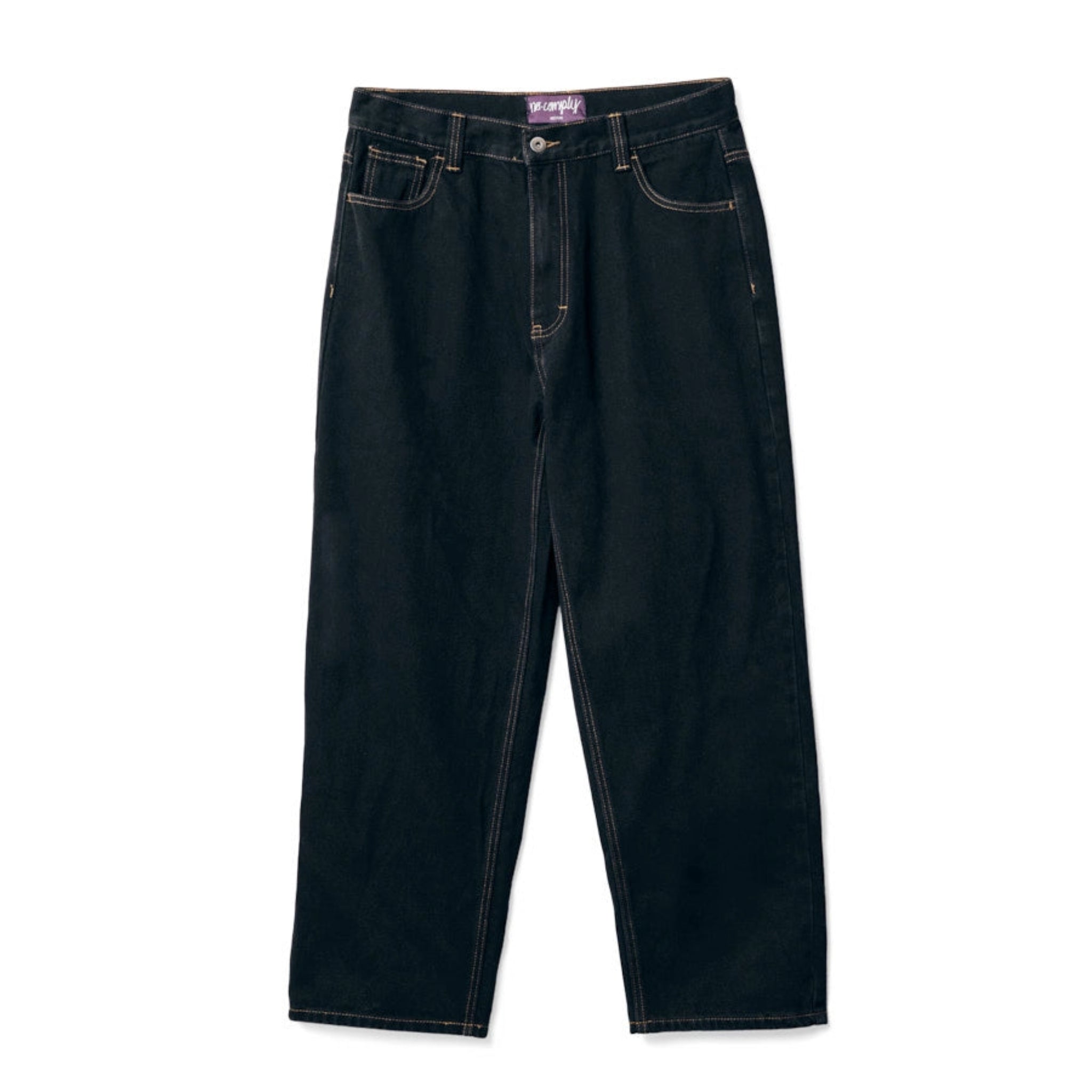 Front view of Black No-Comply Loose Fit denim jeans on a white background