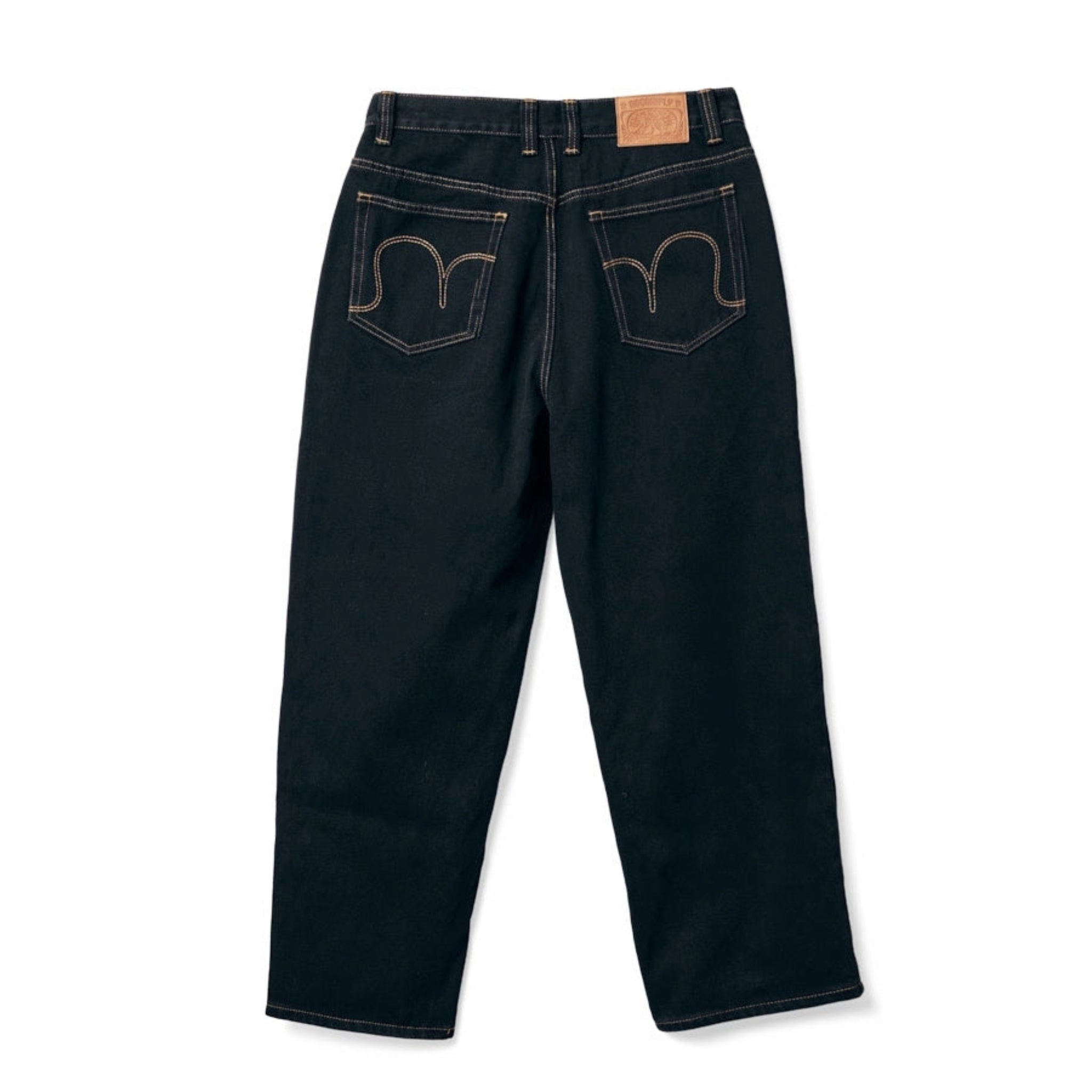 Back view of Black No-Comply Loose Fit denim jeans on a white background