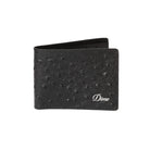 Black faux Ostrich leather wallet with 'Dime' branding on a white background