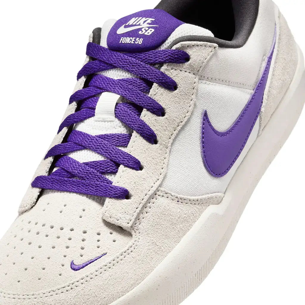 Nike SB Force 58 sneaker with purple accents and grey suede, blending durability with retro style for everyday wear.