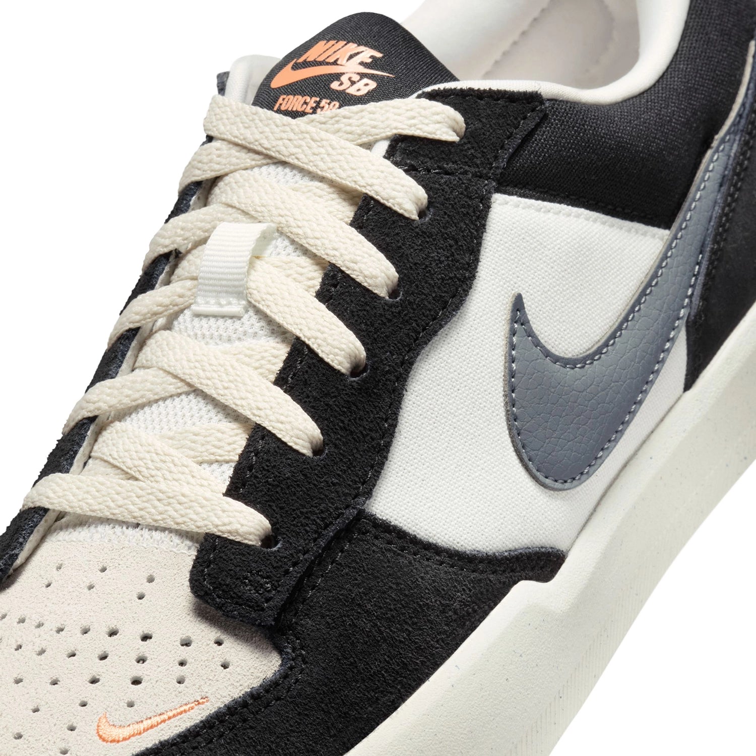 Close up Black and white Nike SB Force 58 men's skateboard sneaker on white background
