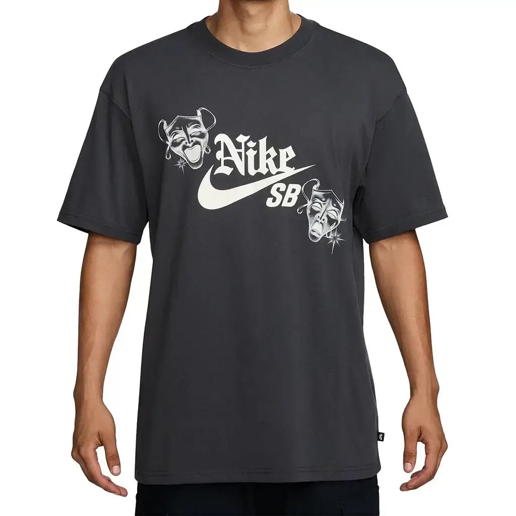Black Nike SB Hayley Skate T-Shirt featuring dropped shoulders and playful graphic design for a relaxed fit.
