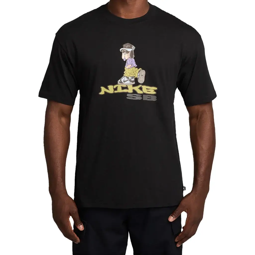 Black Nike SB Max 90 Dunk Dog Skate T-Shirt featuring humorous graphics and a relaxed fit, ideal for casual wear.