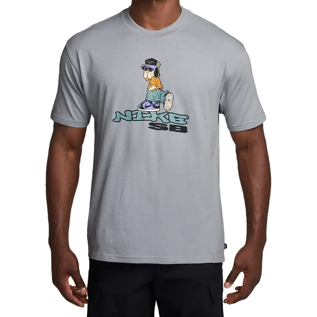 Wolf Grey Nike SB Max 90 Dunk Dog Skate T-Shirt featuring a relaxed fit and graphic design.