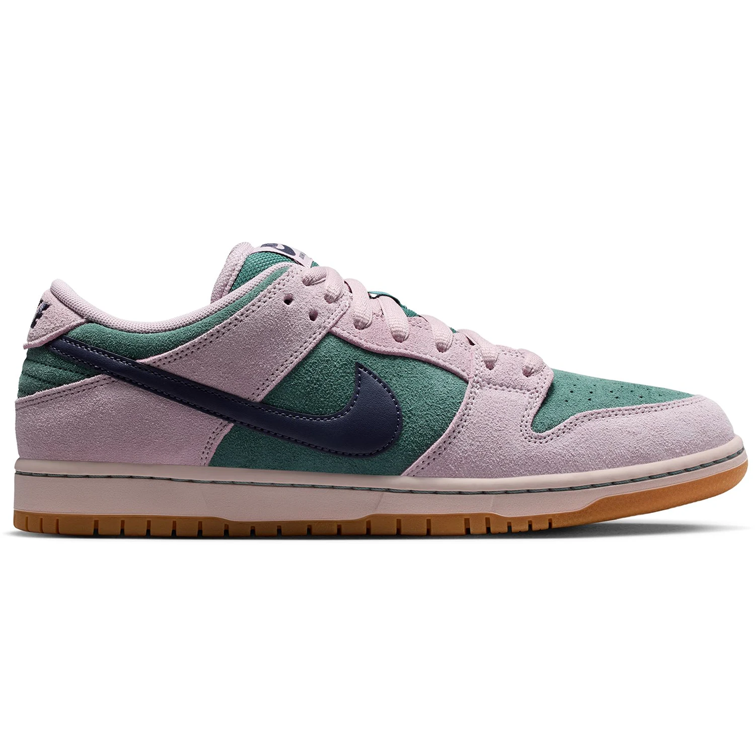Green and Pink Nike SB Dunk Low skateboard sneaker on white background