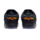 Heel bellows of a pair of Black and marina Nike SB Dunk Low Pro men's skateboarding sneakers on a white background 