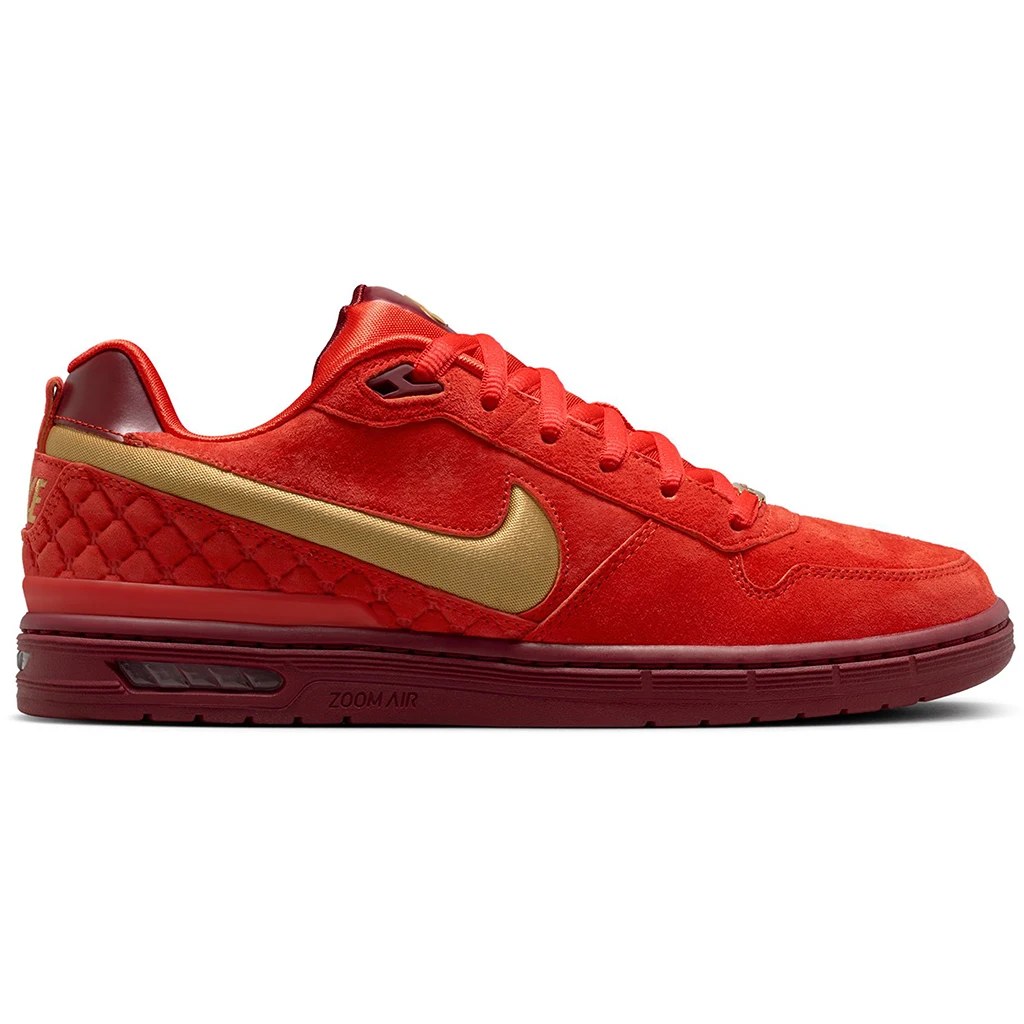 Nike SB P-Rod 1 Red sneaker with gold swoosh logo on a white background
