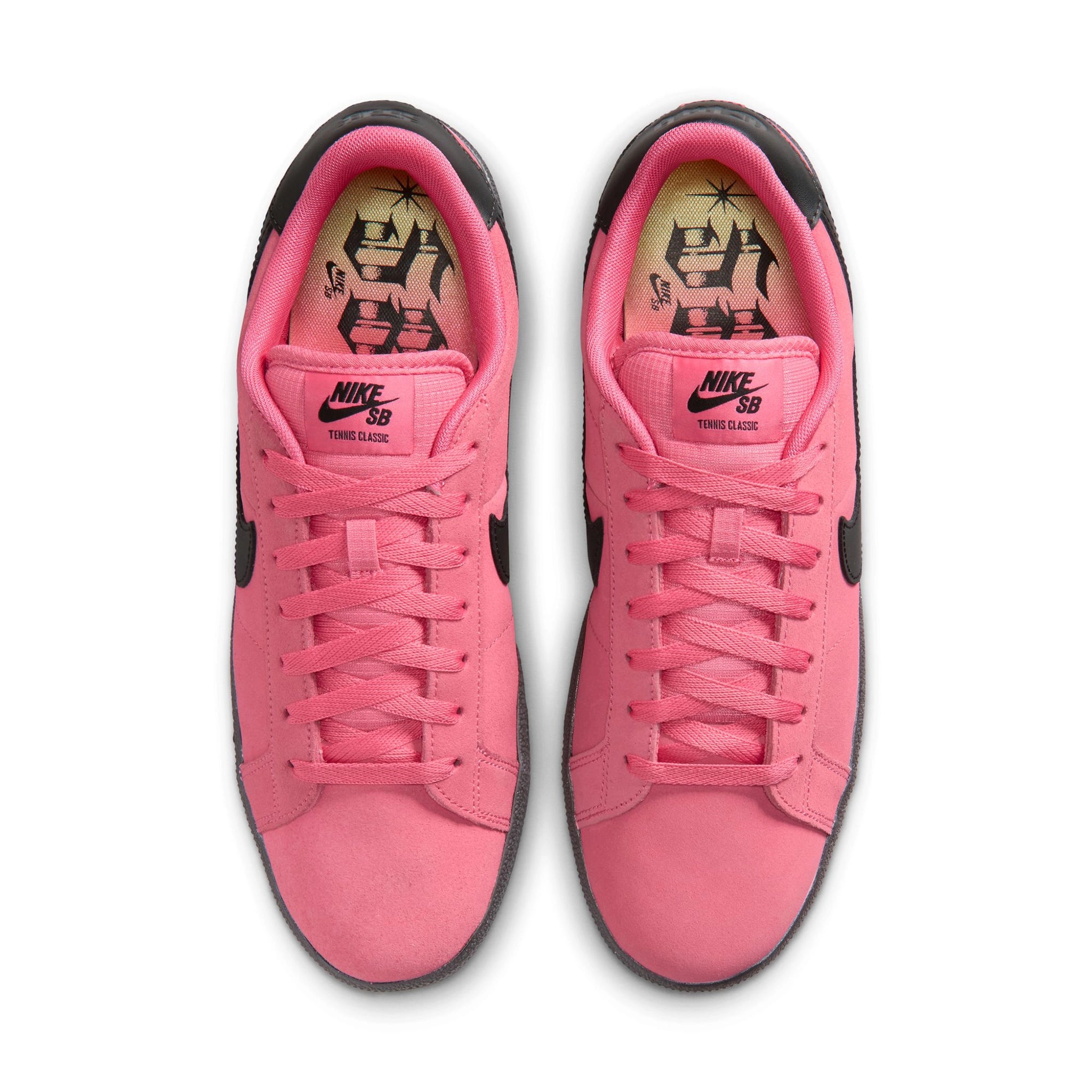 Top view of Hyper Pink Nike SB Zoom Tennis Classic skateboard sneakers with black sole and swoosh branding on a white background