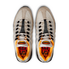 A pair of Sail white Nike SB 'Club 58' Air Max 95 skateboard sneakers with laser orange accents and black sole shown from the top on a white background