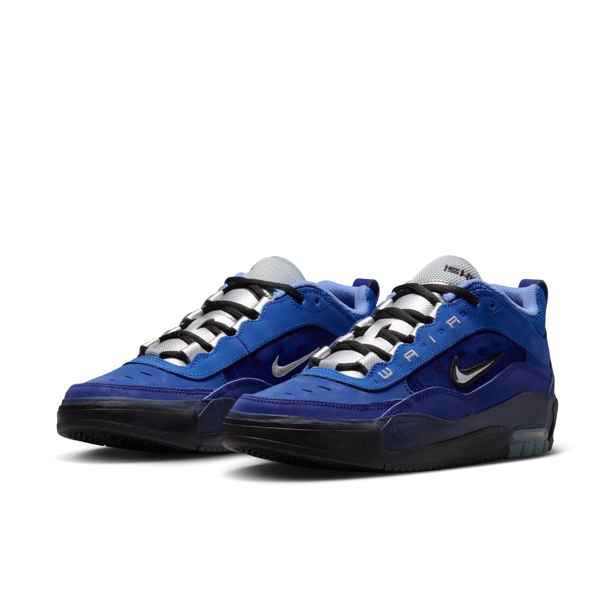 A pair of Blue void Nike SB Ishod Wair Air Max skateboard sneakers with Silver Metallic swoosh branding on a white background