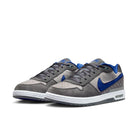 A pair of Flint grey Nike SB Paul Rodriguez Zoom Air skateboard sneakers with royal navy swoosh on a white background