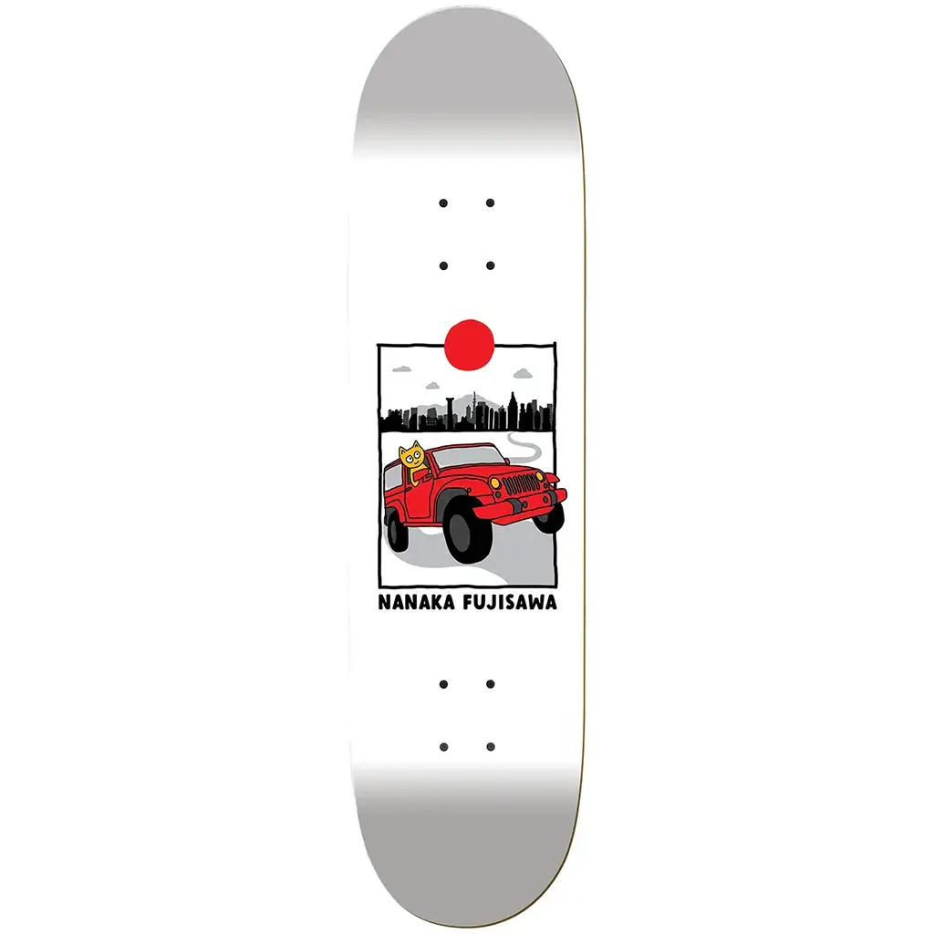 Meow Skateboards Nanaka Fujisawa Journey Deck 8.0 featuring a red truck graphic and Japanese flag design.