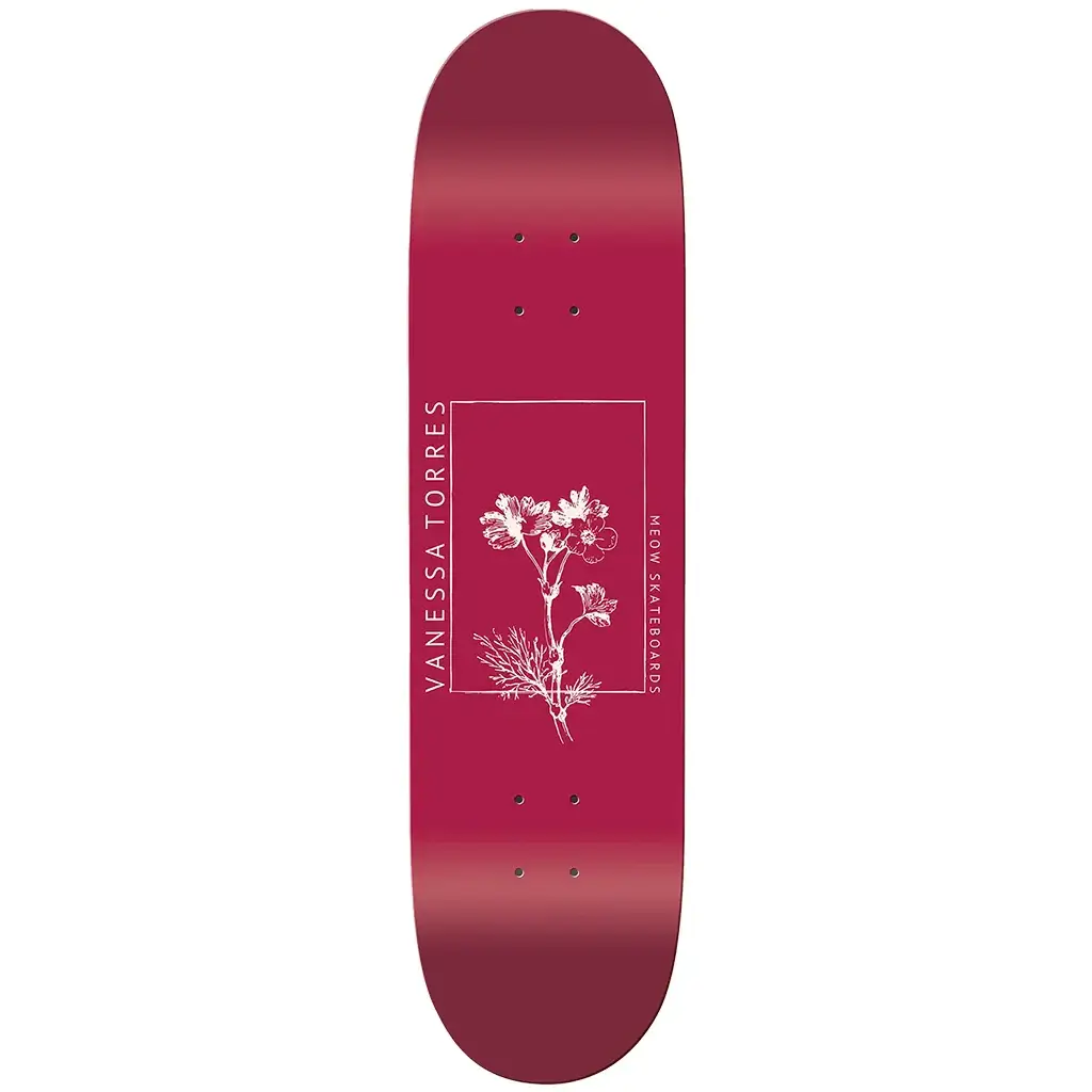 Meow Skateboards VT Thriving Deck 8.0 Vanessa Torres pro model in burgundy with floral design.