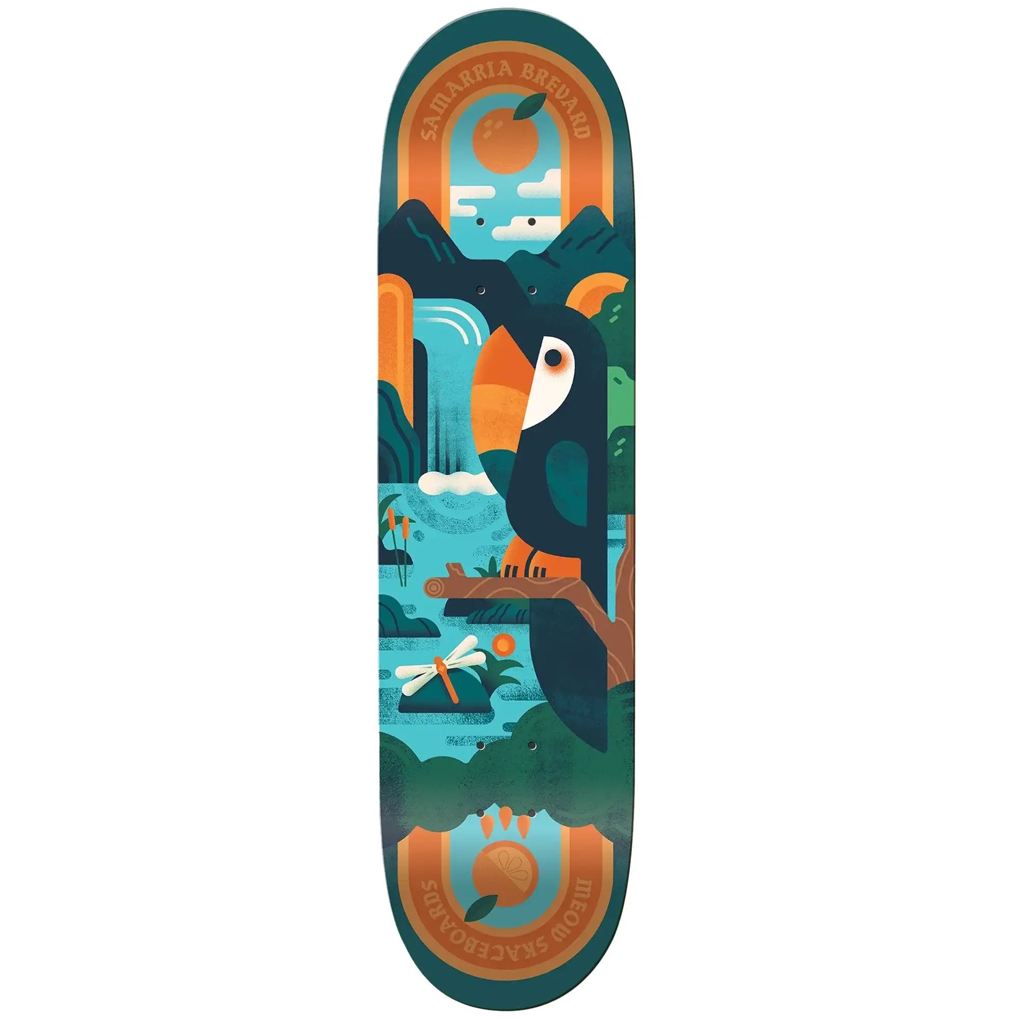 Meow Skateboards SB Utopia Deck 7.75" pro model, featuring Samarria Brevard's colorful toucan design.