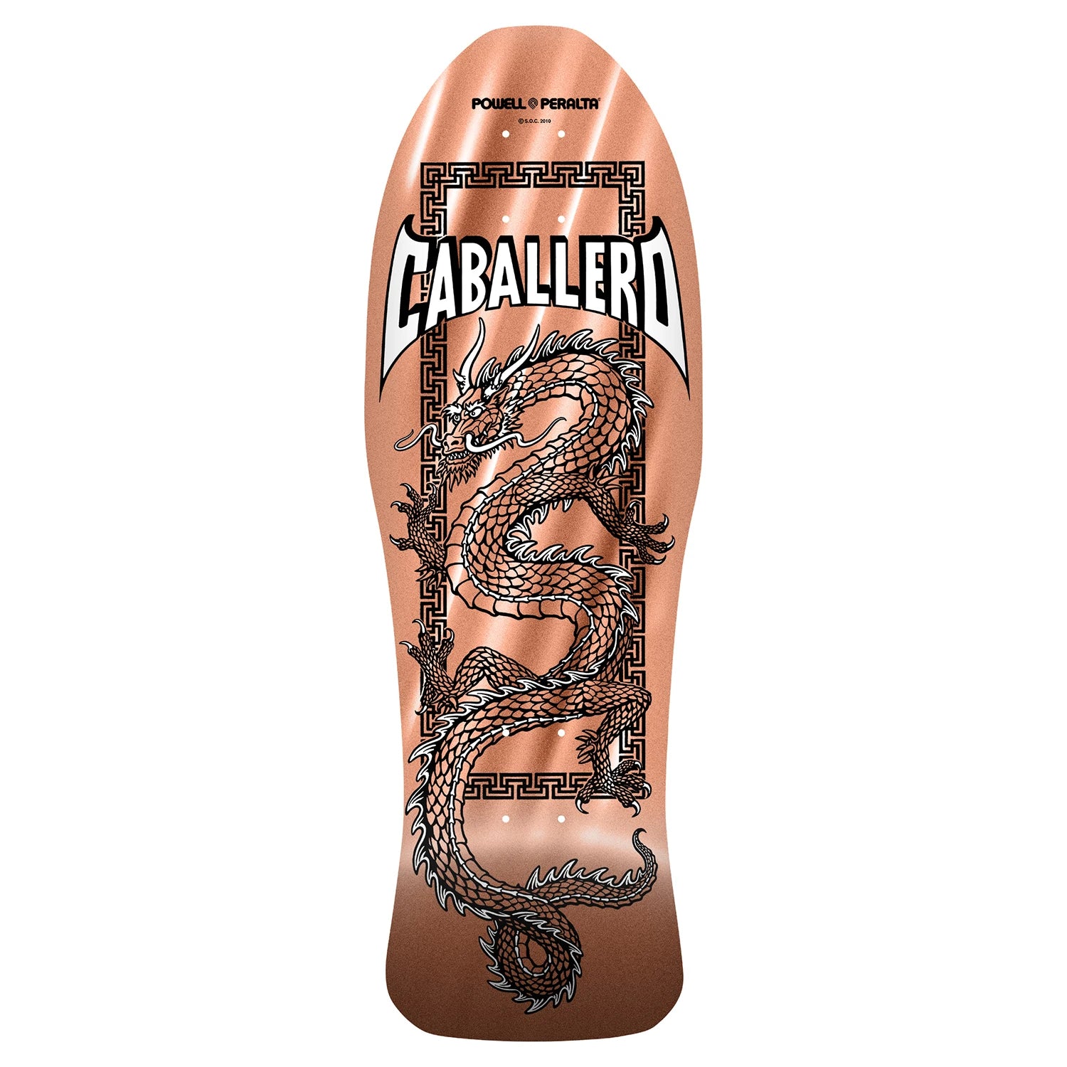 Powell Peralta skateboard deck with a dragon design and 'Caballero' branding on a white background