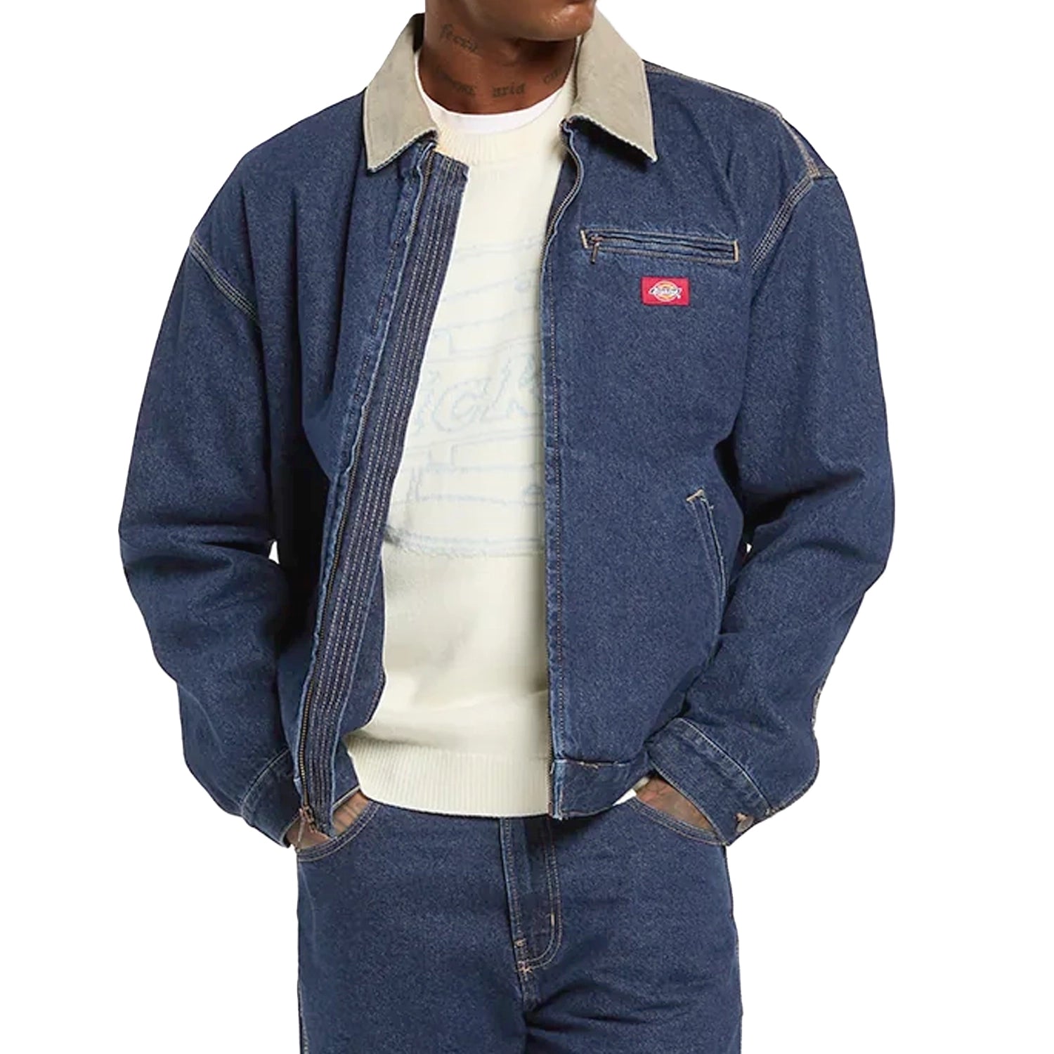 Dickies blue denim jacket with a visible brand logo on a white background