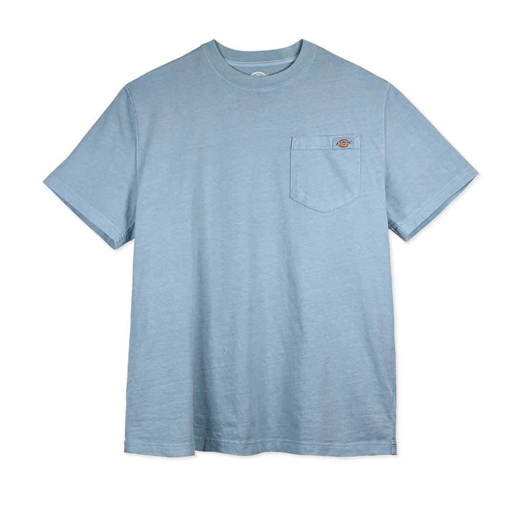 Light blue Dickies t-shirt with a pocket on a white background