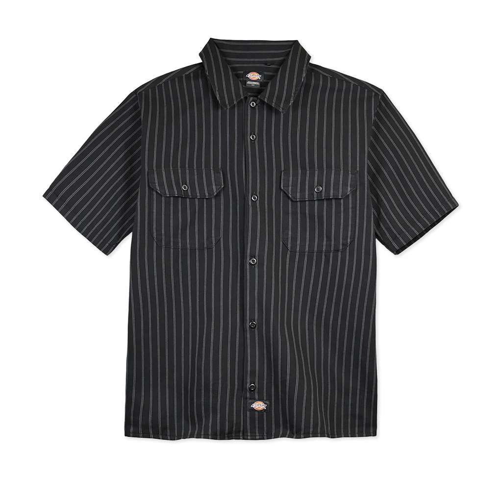 Dickies black pinstripe shirt with short sleeves on a white background