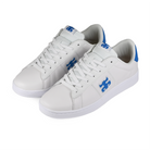 A pair of White leather I-Path Footwear Ace skateboard sneakers with royal blue branding on a white background