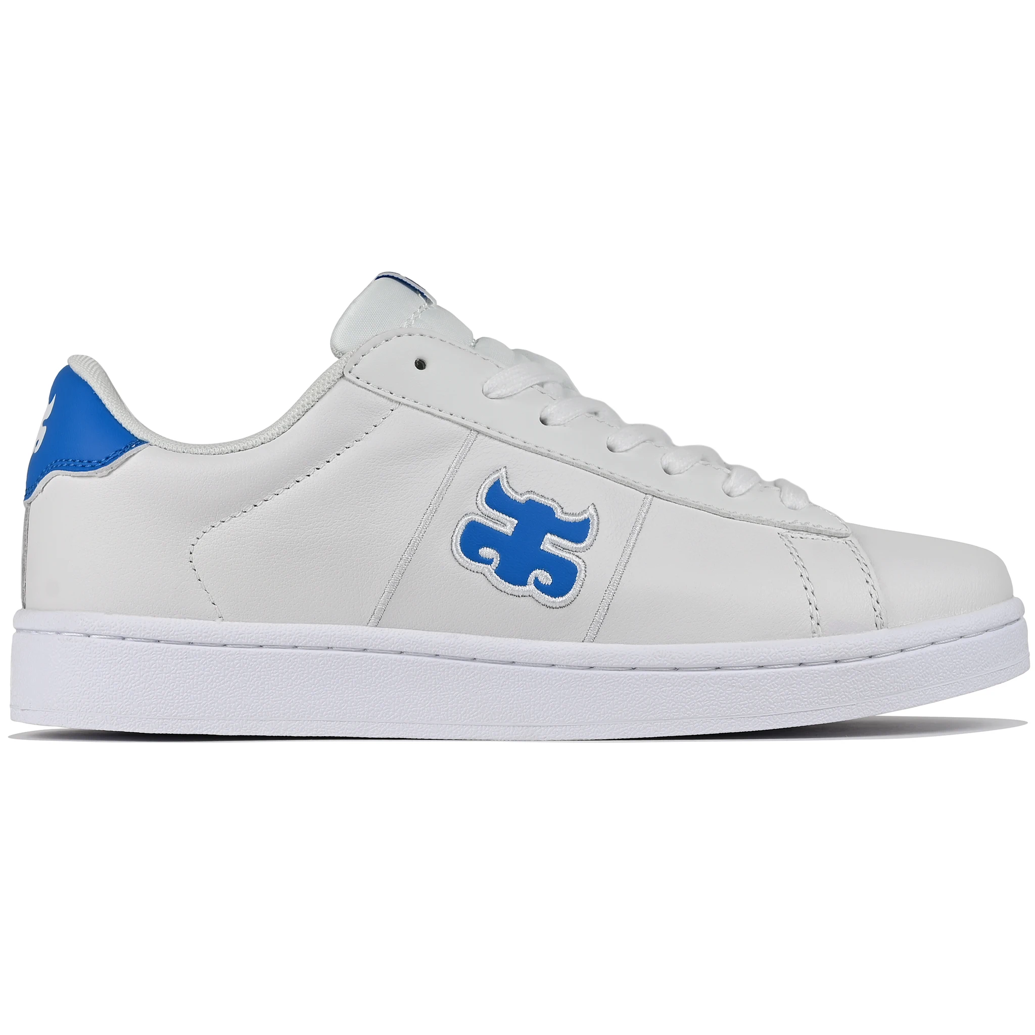 White leather I-Path Footwear Ace skateboard sneaker with royal blue branding on a white background