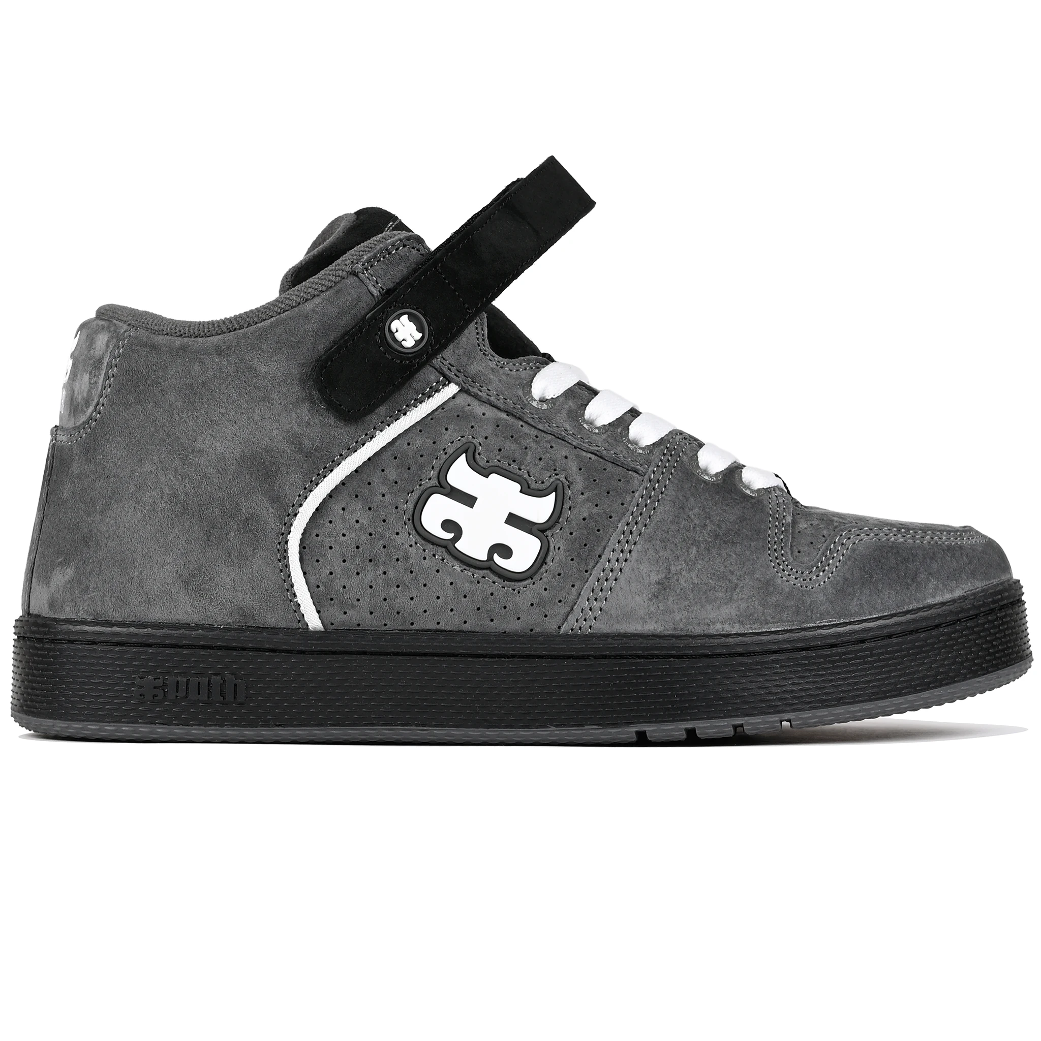 Grey suede I-Path Footwear Grasshopper Mid skateboard sneaker with a black sole on a white background